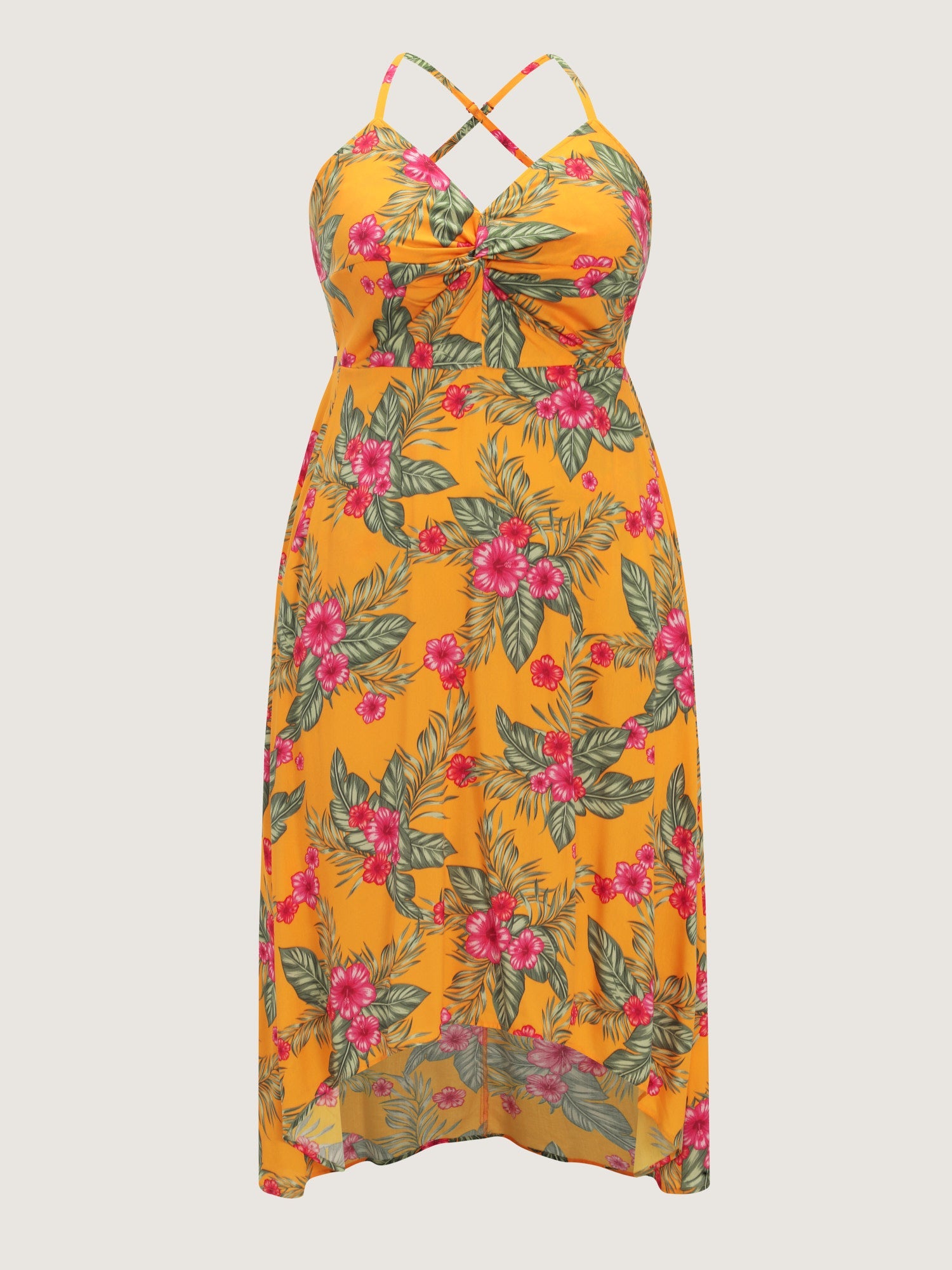 Tropical Print Twist Front Flowy Midi Dress