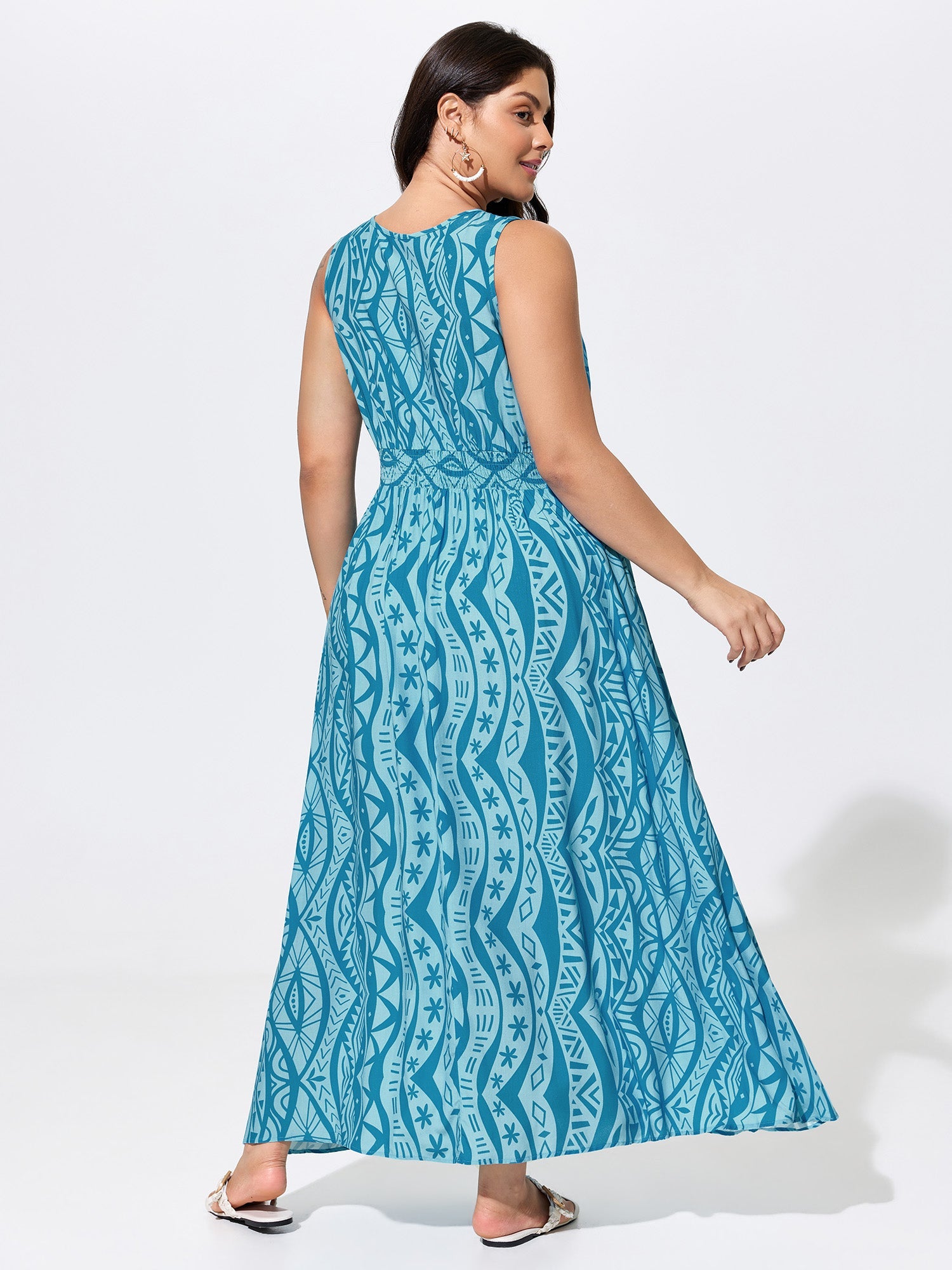 Floral Print Shirred Sleeveless Maxi Dress