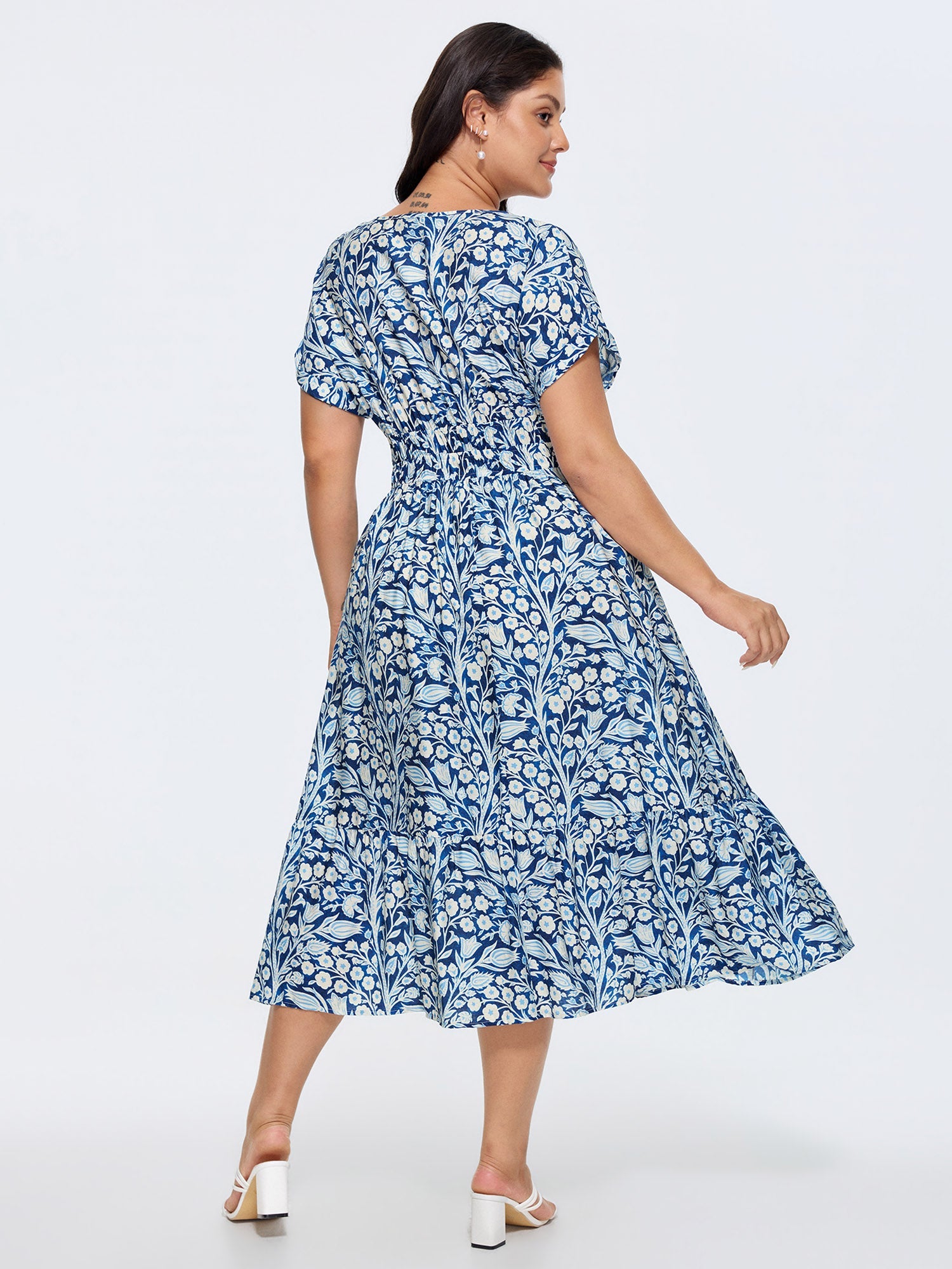 Floral Print Cinched-Waist Midi Dress