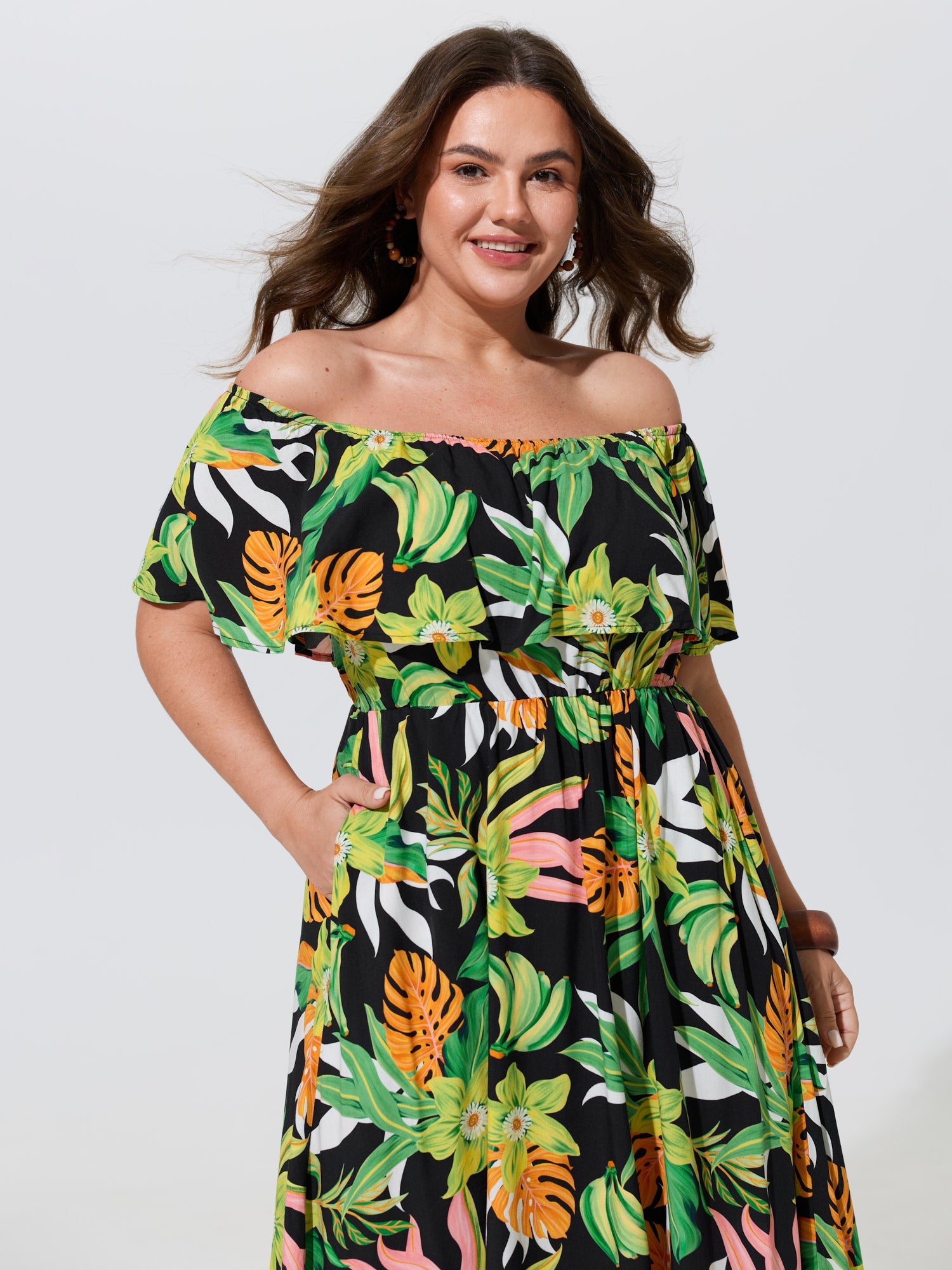 Tropical Print Cold-Shoulder Maxi Dress