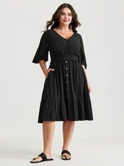 Crepe Shirred Ruffled Sleeve Mini Dress