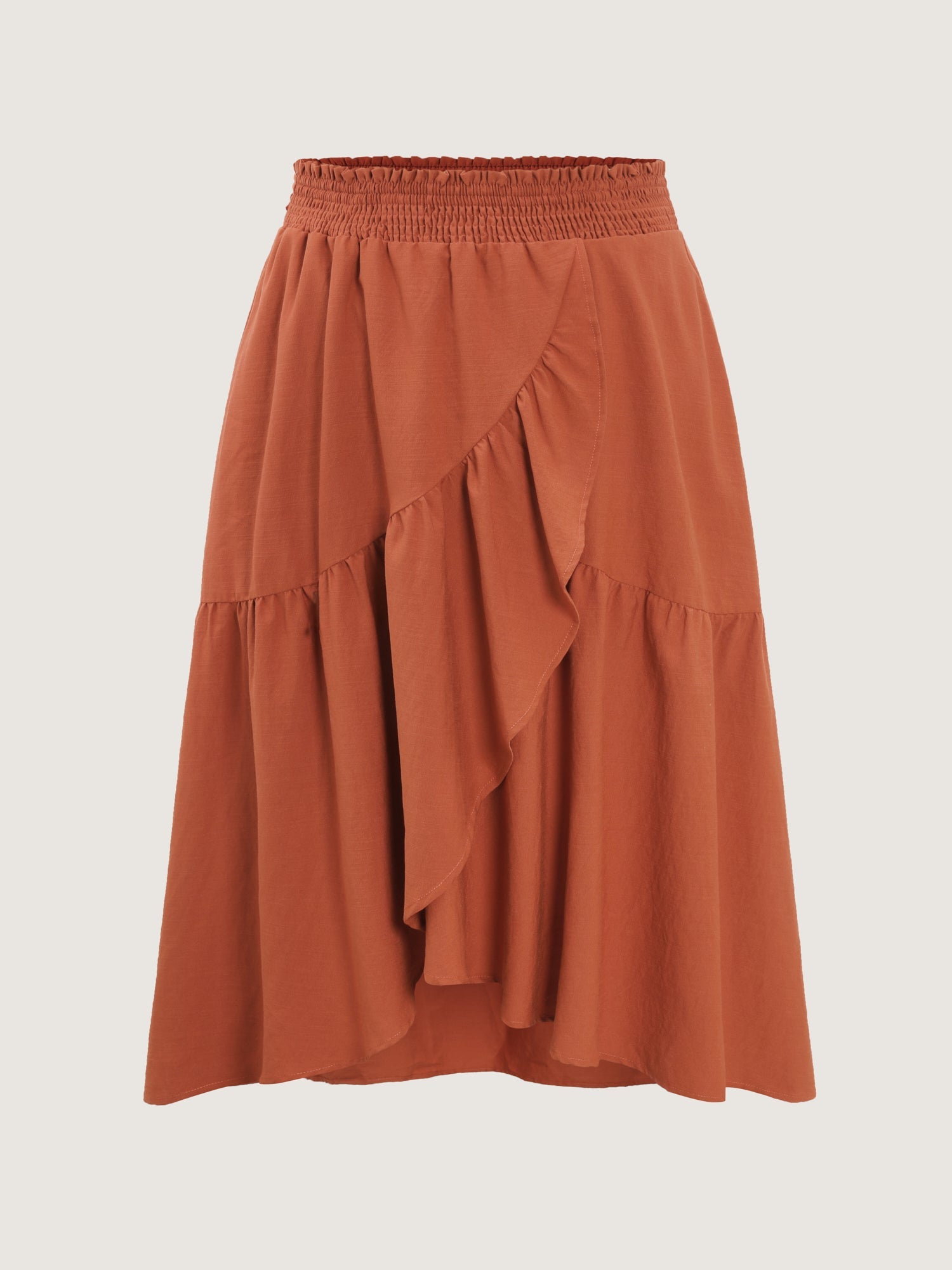 Shirred Waist Ruffled High Low Hem Midi Skirt