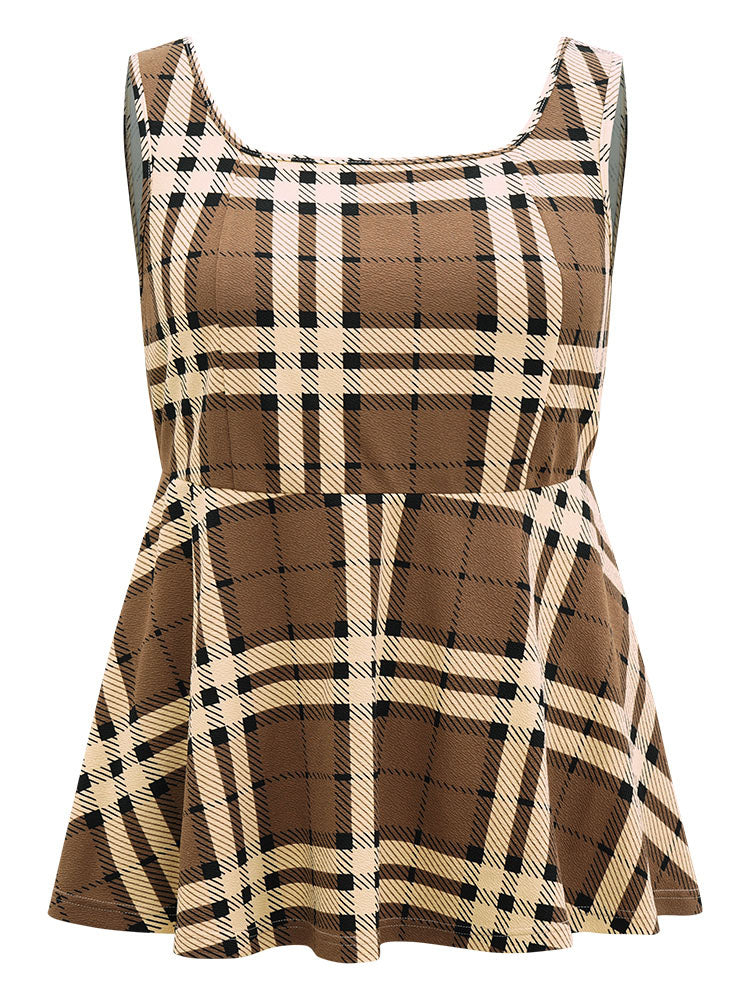 Plaid Contrast Flutter Hem Tank Top