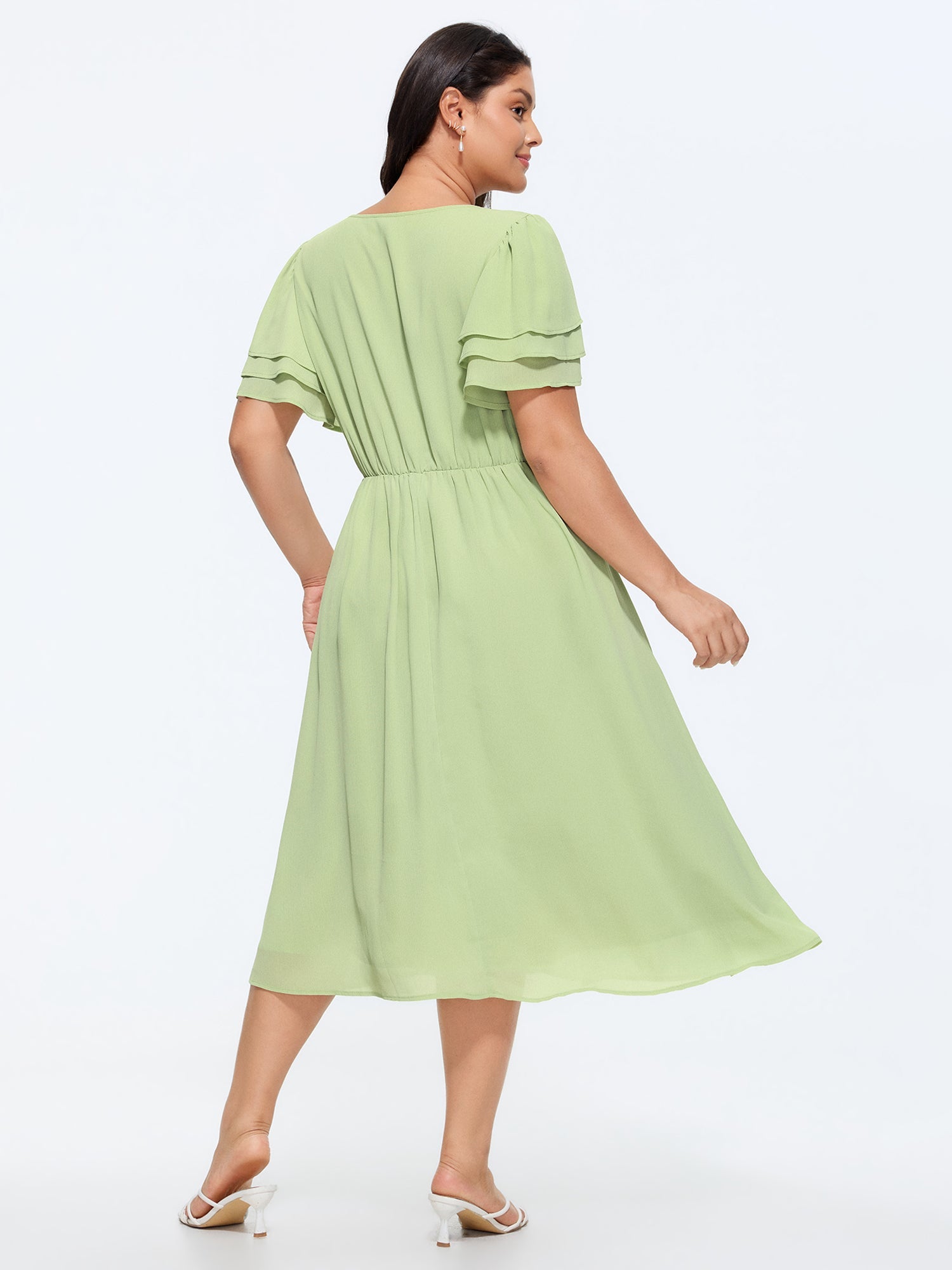 Plain Layered Sleeve Cinched-Waist Midi Dress