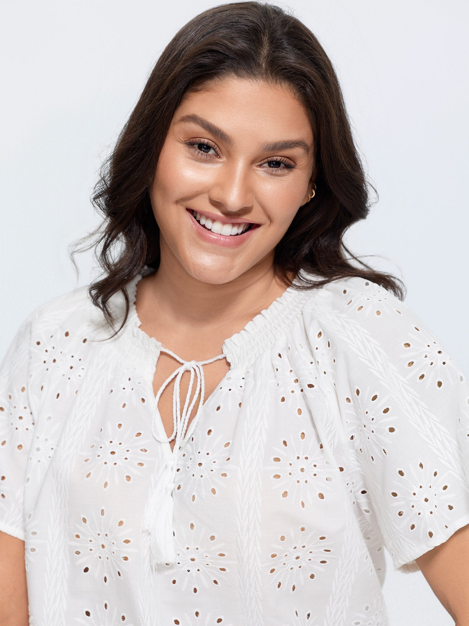 Eyelet Textured Shirred Hem Blouse