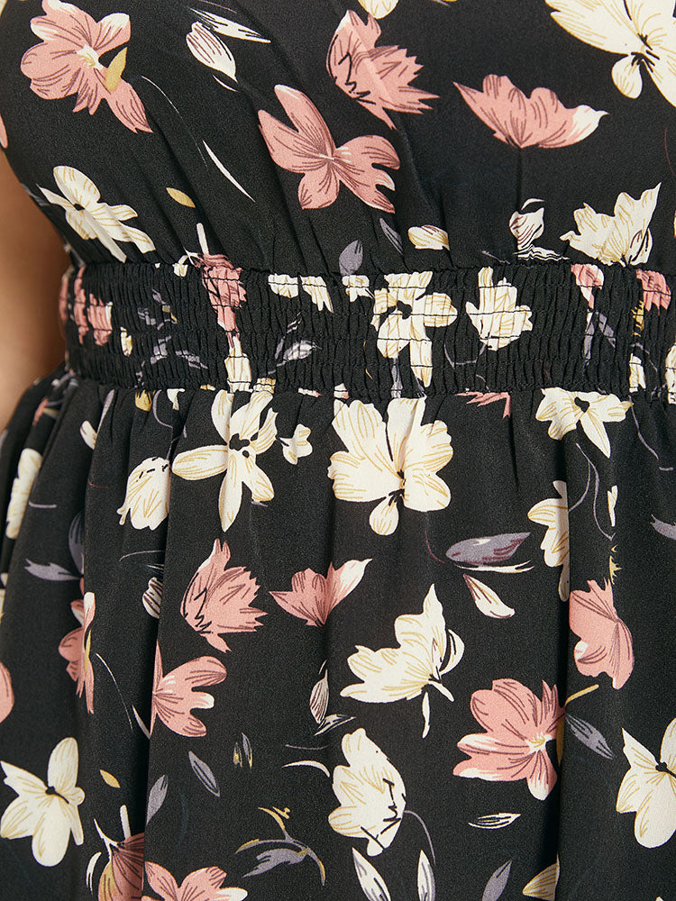 Floral Print Halter Shirred Pocket Ruffle Hem Dress