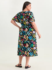 Bright Floral Print Flared Sleeve Midi Dress