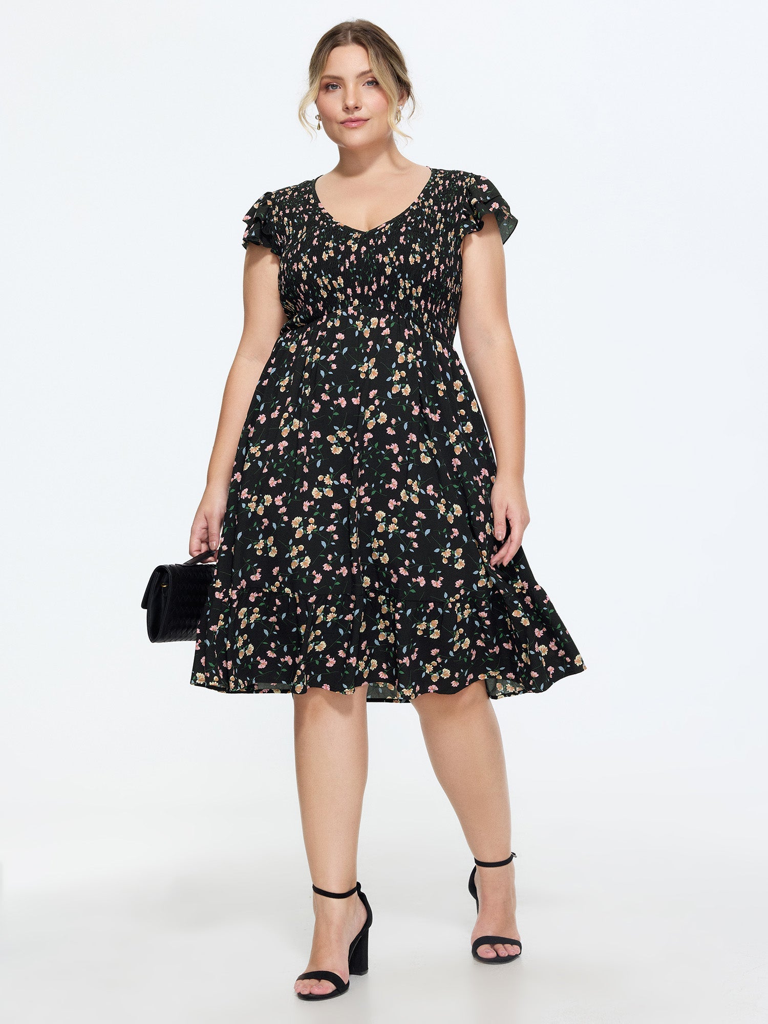 Floral Print V-Neck Ruffled Sleeve Mini Dress