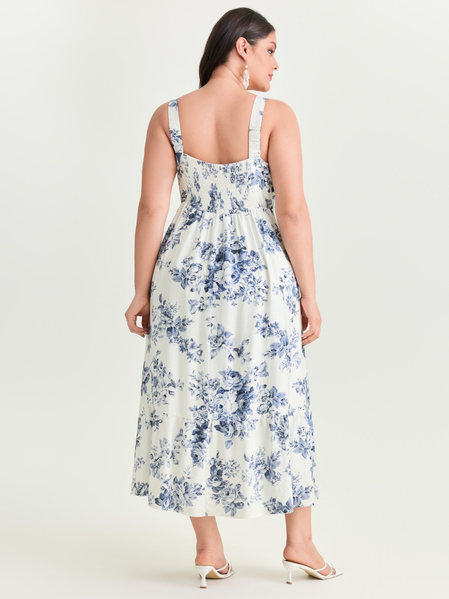 Large Floral Print Pleated Bodice Midi Dress