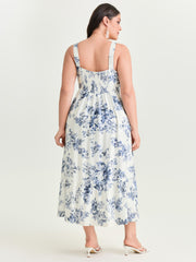 Large Floral Print Pleated Bodice Midi Dress