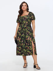 Tropical Floral Print Split Hem Midi Dress