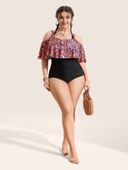 Leopard Patchwork Cold Shoulder One Piece Swimsuit