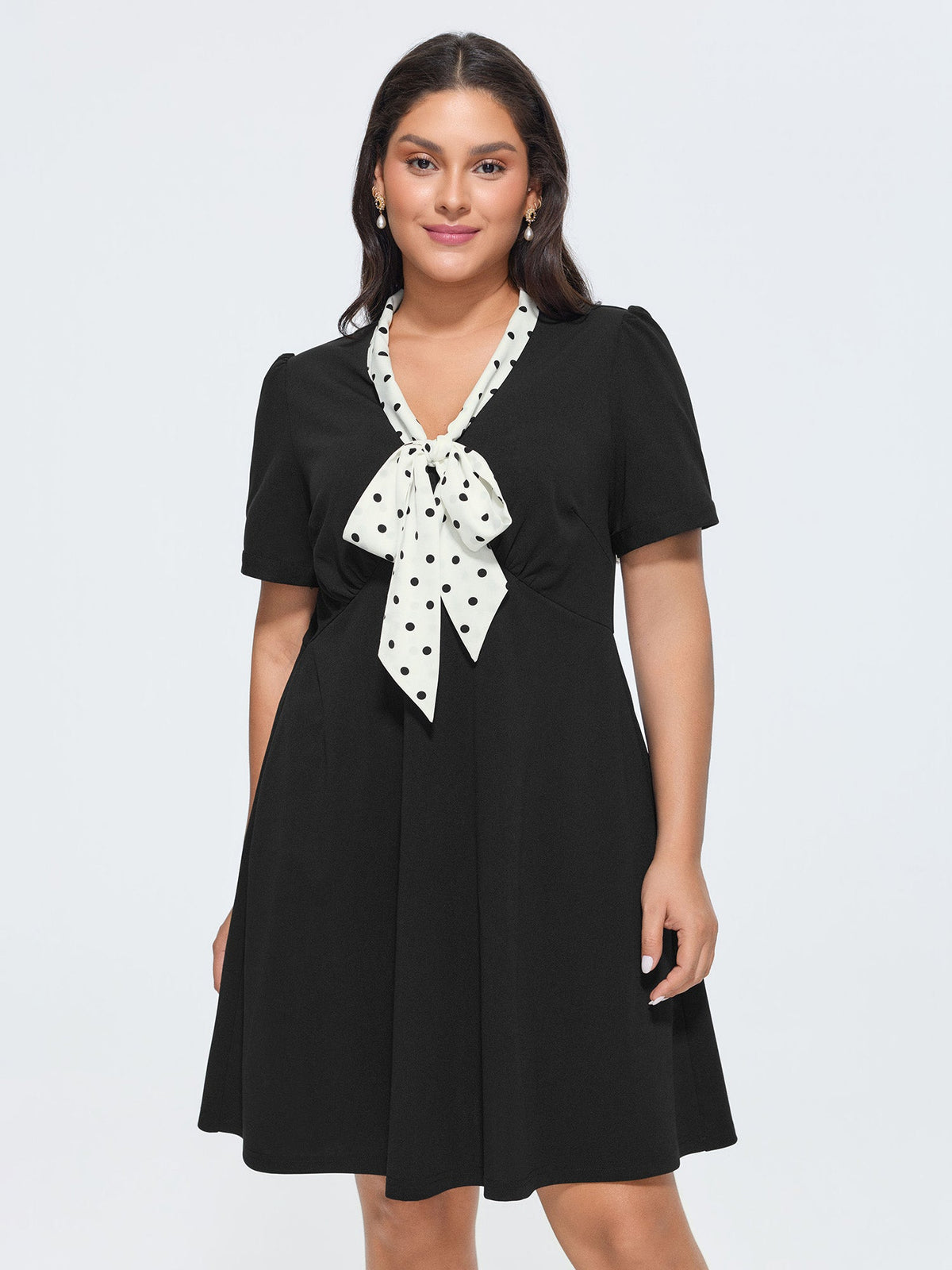 Polka Dots Print Ribbon Neckline Mini Dress