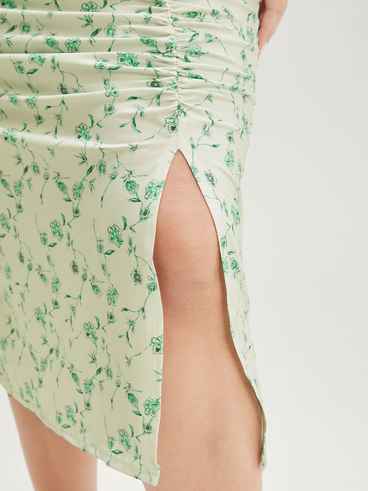Floral Printed Split Hem Cap Sleeve Ruched Dress