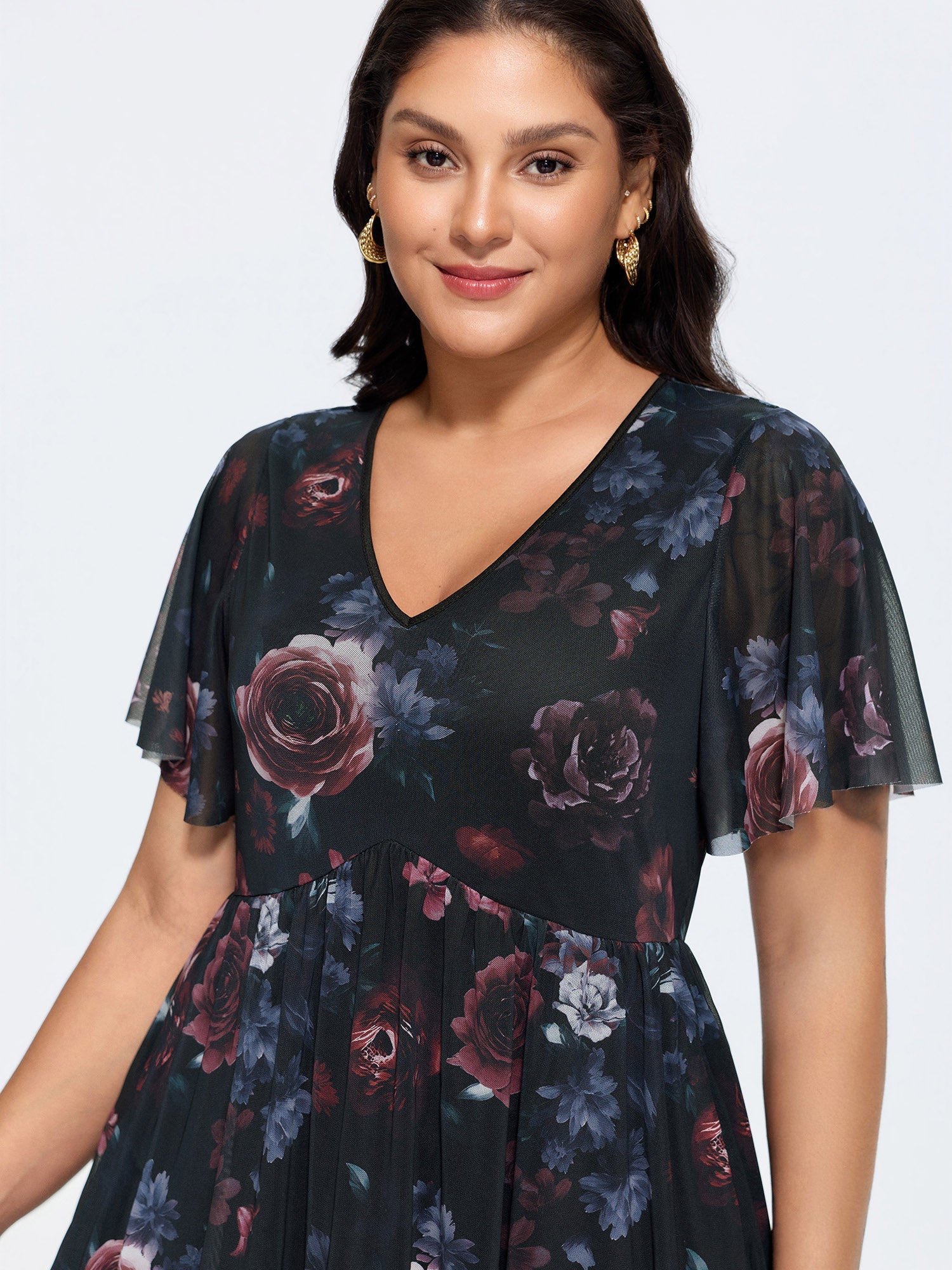 Stretchy Floral Mesh V-Neck Mini Dress