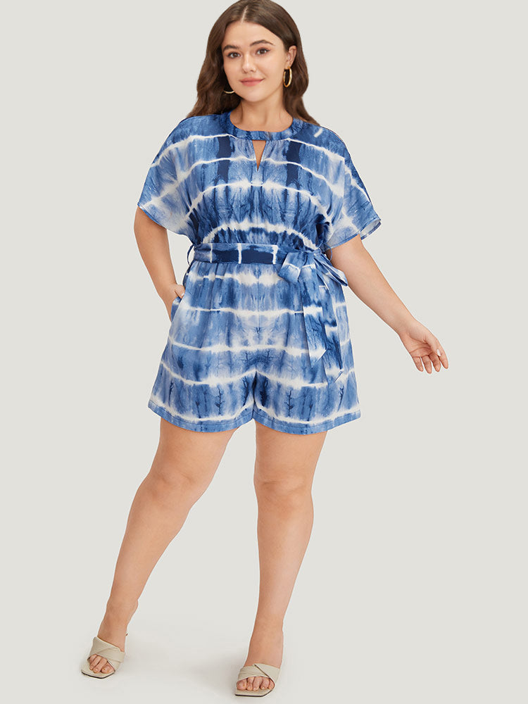 Tie Dye Keyhole Belted Batwing Sleeve Romper