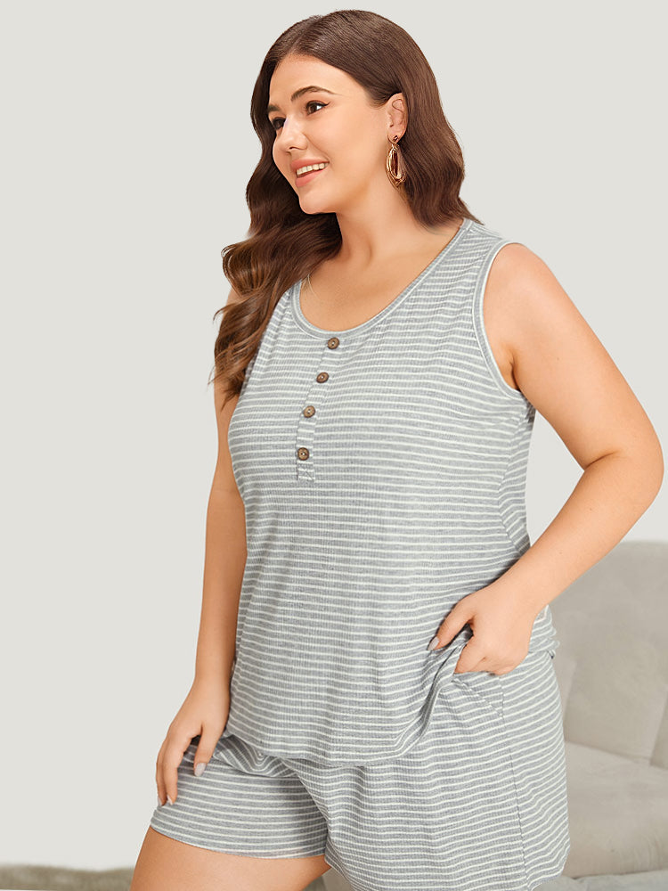 Striped Print Button Detail Pajama Top