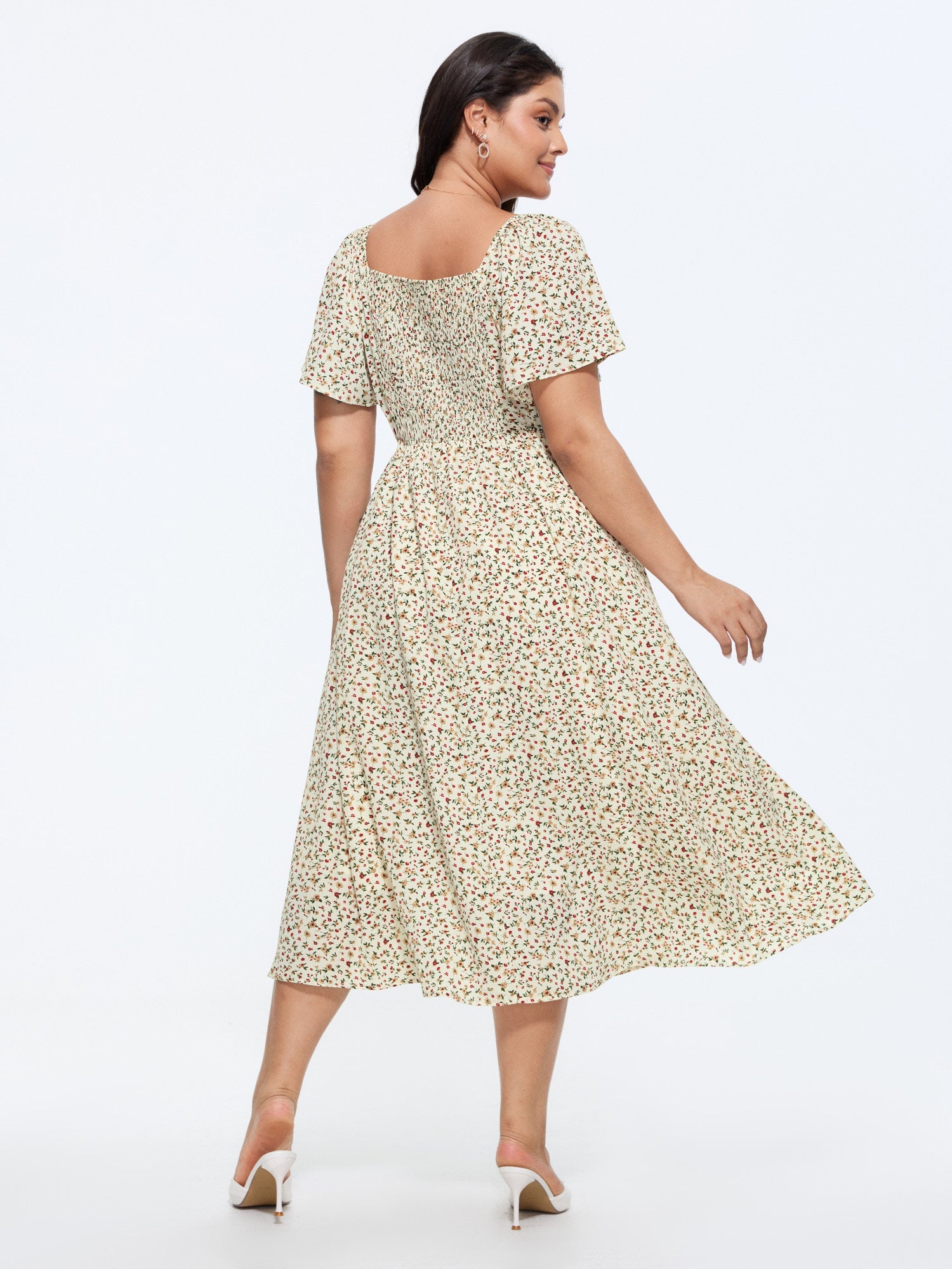 Ditsy Floral Print Sweetheart Lace Neckline Midi Dress