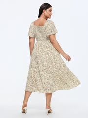 Ditsy Floral Print Sweetheart Lace Neckline Midi Dress