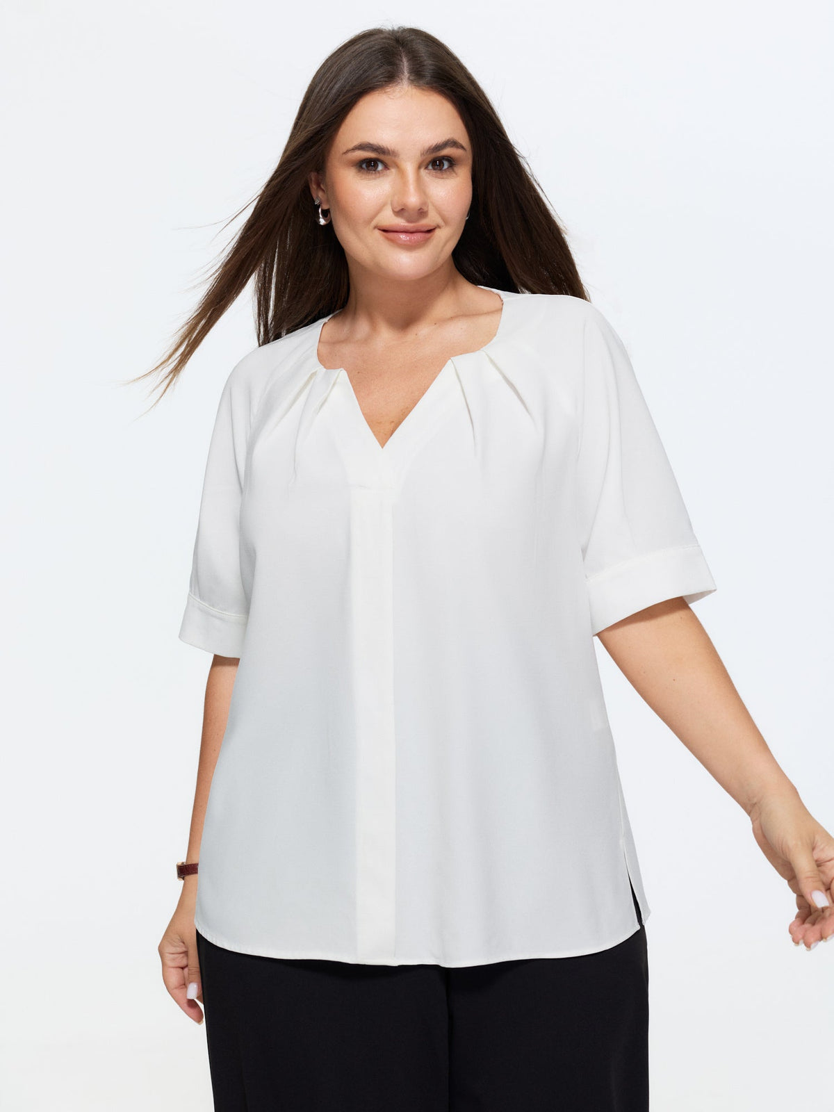 Pleated Split Neckline Placket Blouse