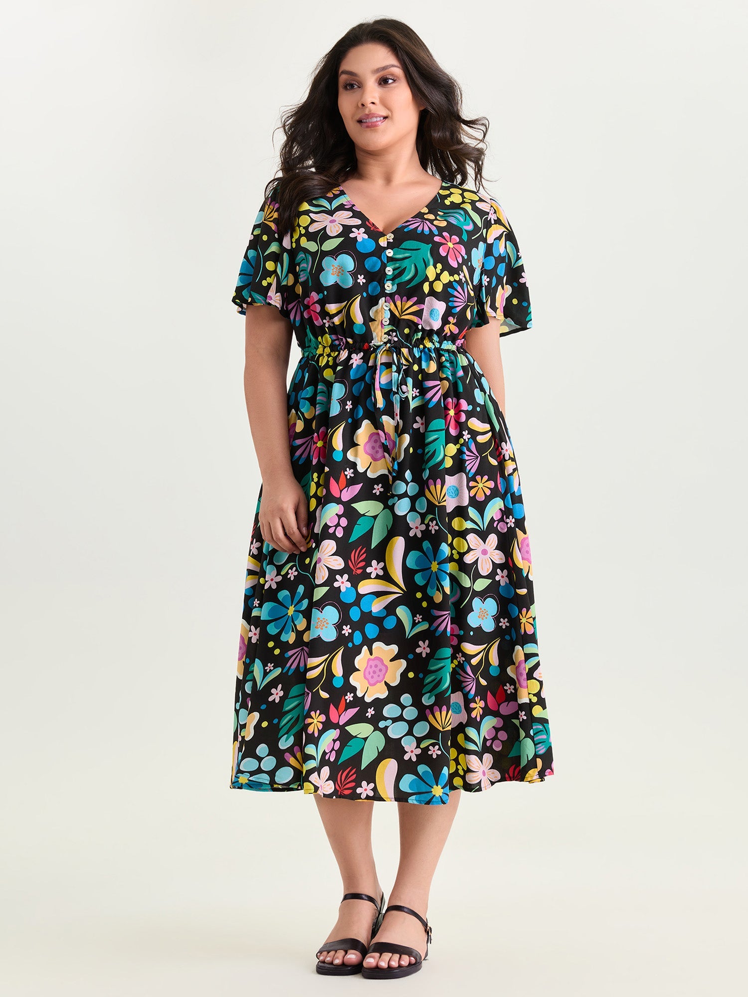 Bright Floral Print Flared Sleeve Midi Dress