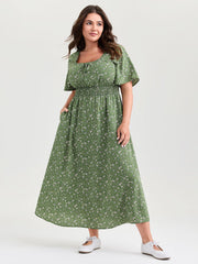 Floral Print Shirred Pockets Midi Dress