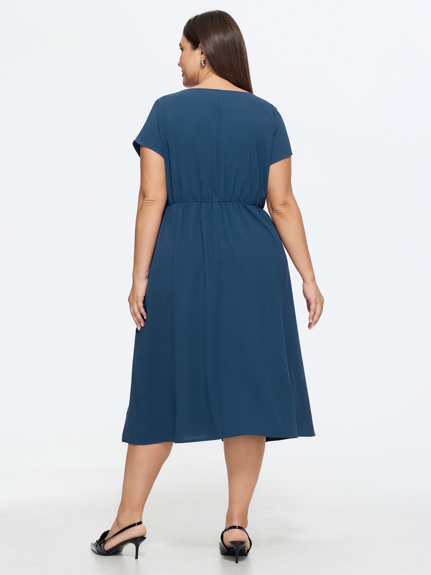 Split Neckline Side Waist-Tie Midi Dress