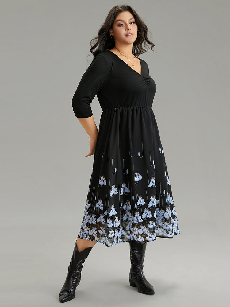 Boho Print Ruched Elastic Waist Chiffon Dress