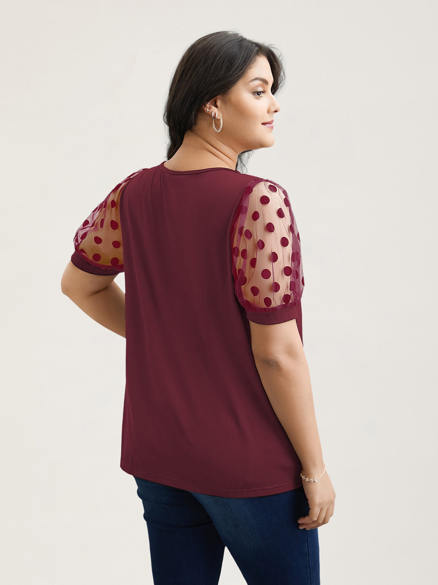 Sheer Sleeves Textured Polka Dots Stretchy Top