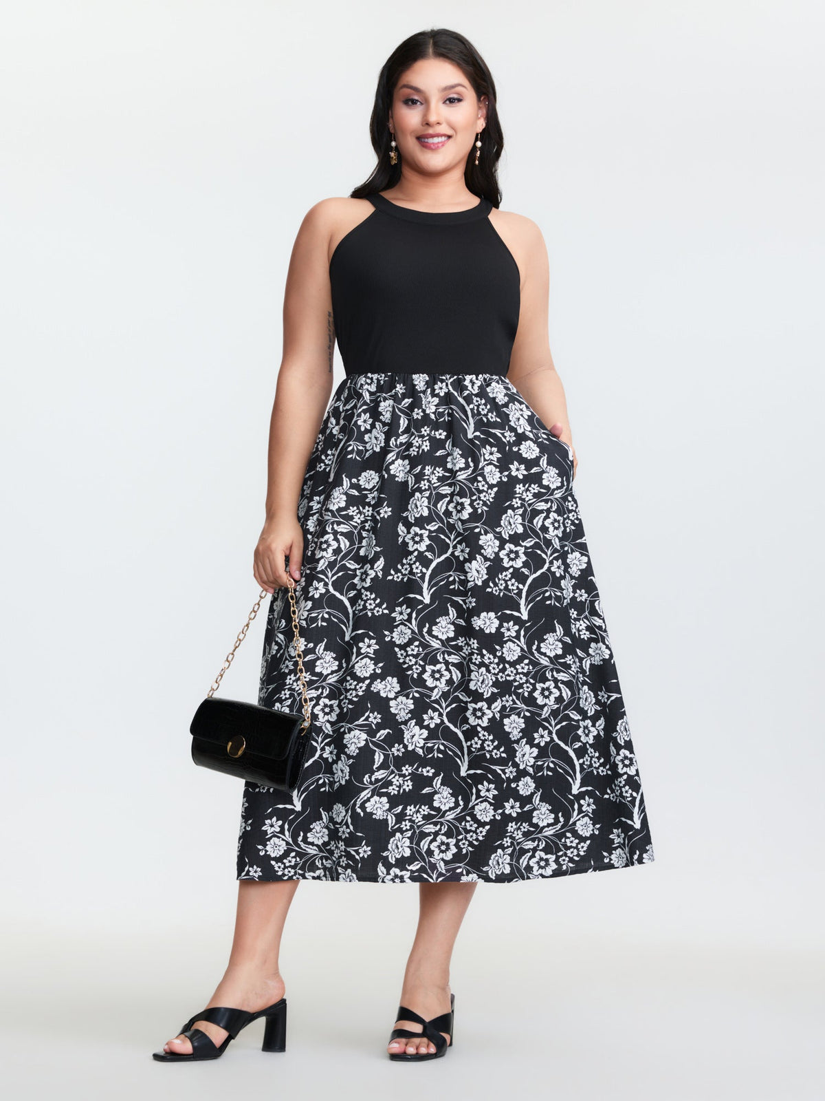 Floral Print Stretchy Waist Pockets Midi Dress