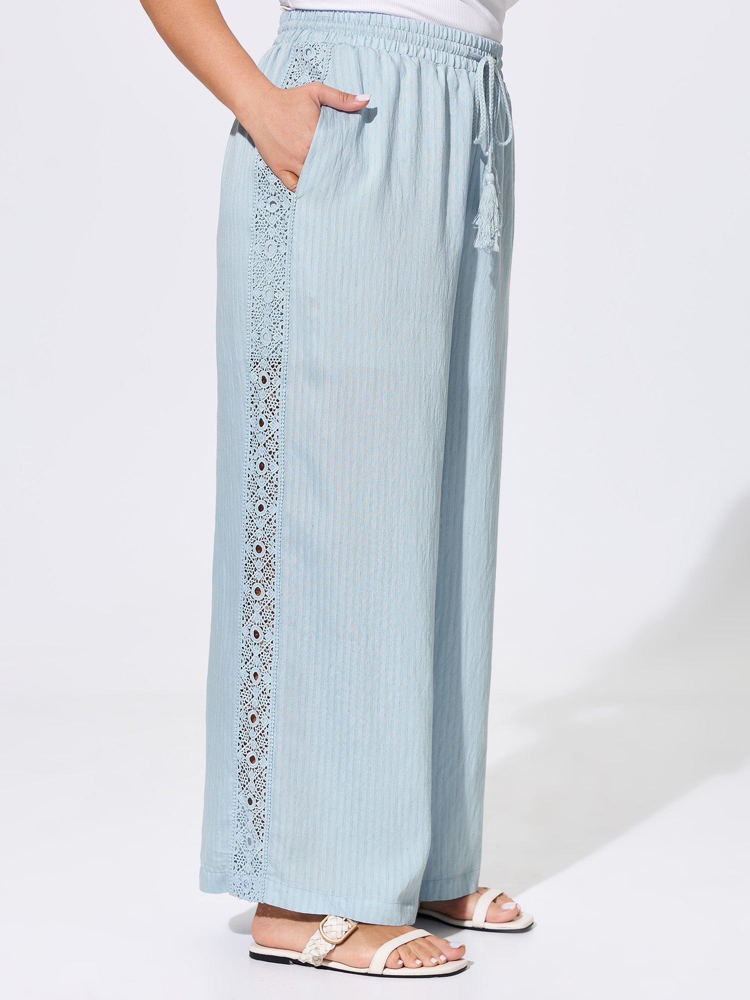 Linen Blend Side Design Drawstring Waist Pants