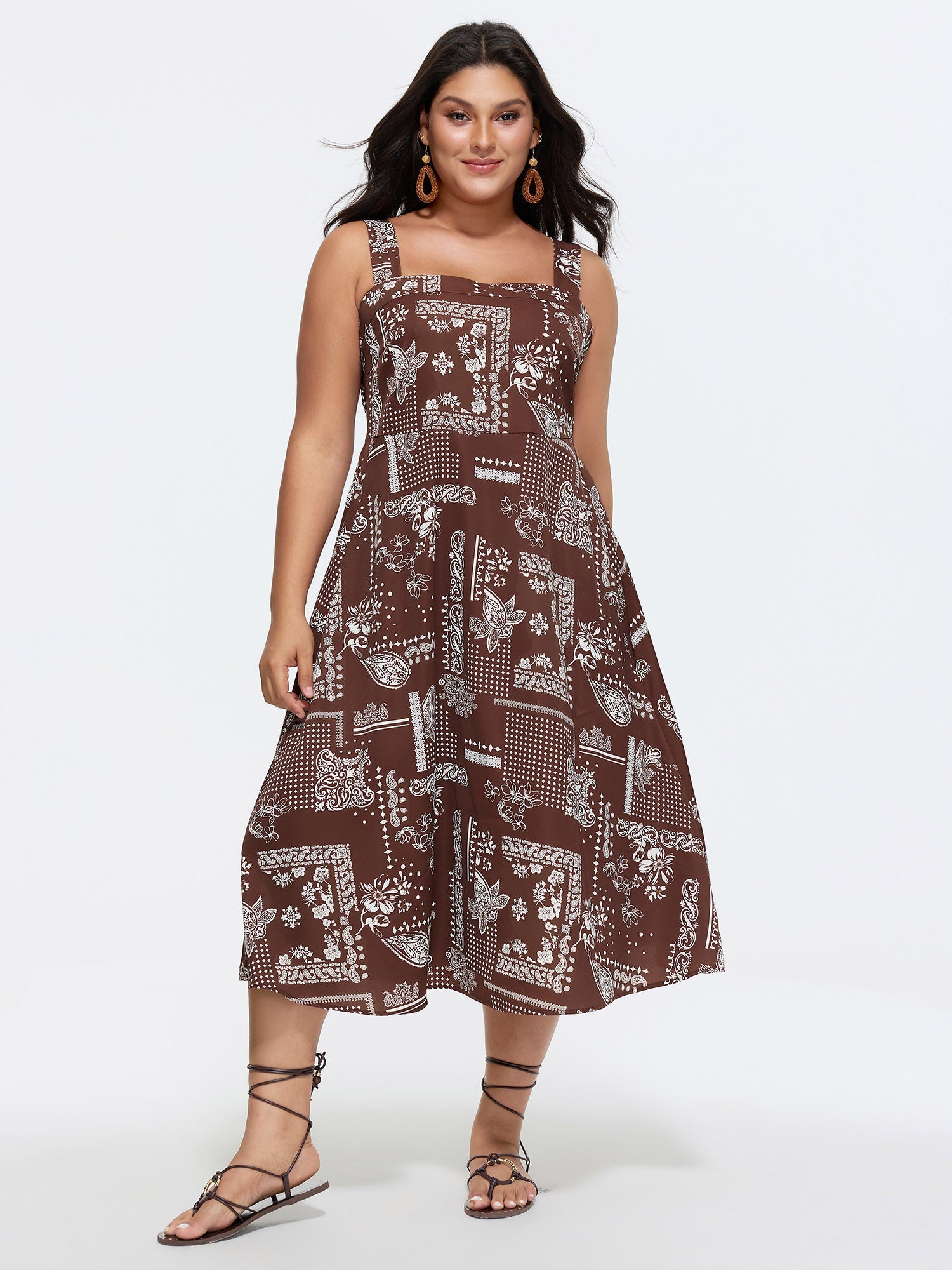 Geometric Print Shirred Overall Straps Midi Dress