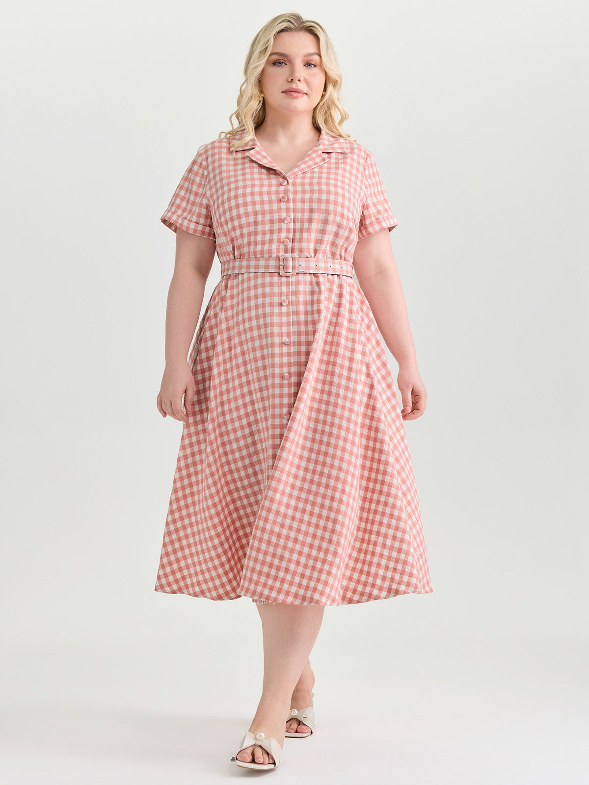 Retro Gingham Print Collared Midi Dress