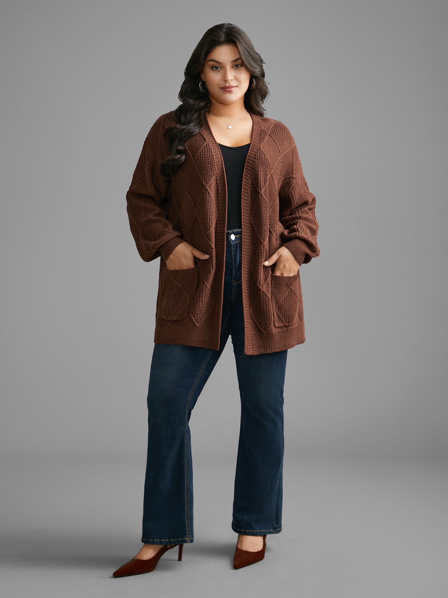 Plain Textured Pocket Drop Shoulder Cardigan