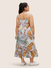 Floral Colorblock Contrast Button Detail Cami Dress