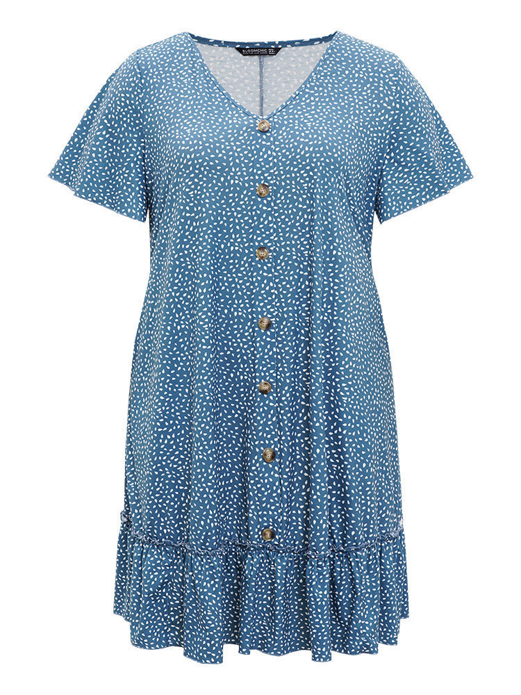 Water Drop Print Button Detail Ruffled Dress