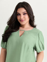 Shirred Puff Sleeve Keyhole Neckline Blouse