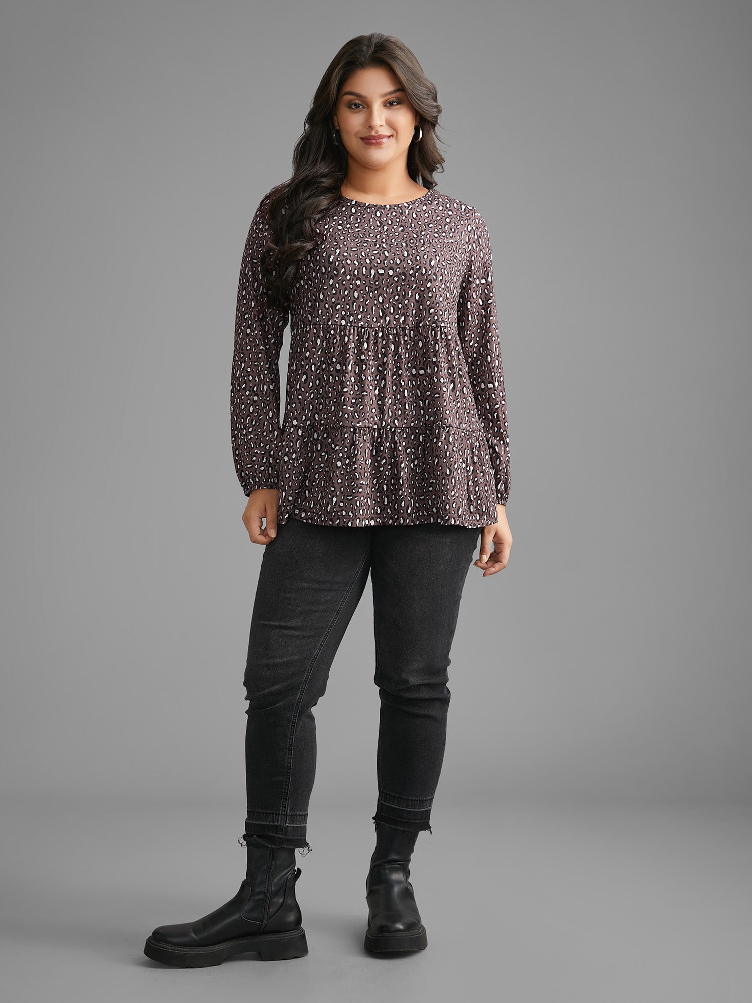 Leopard Print Ruffle Layered Hem Jersey Top