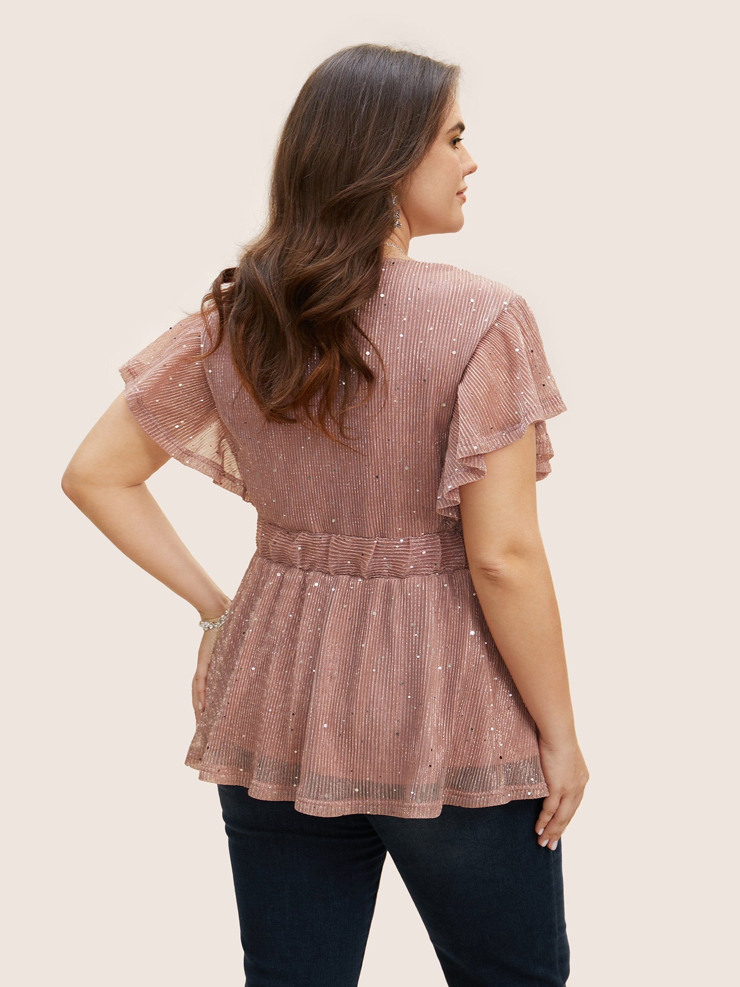Glitter Mesh V Neck Ruffle Cap Sleeve Blouse