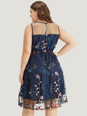 Plants Embroidered Mesh Patchwork Tank Dress