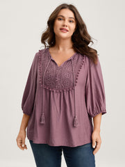 Lace Neck Tie Flowy Solid Blouse