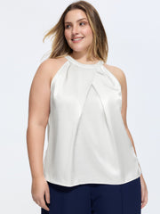 Satin Halter Neckline Overlap Pleats Tank Top