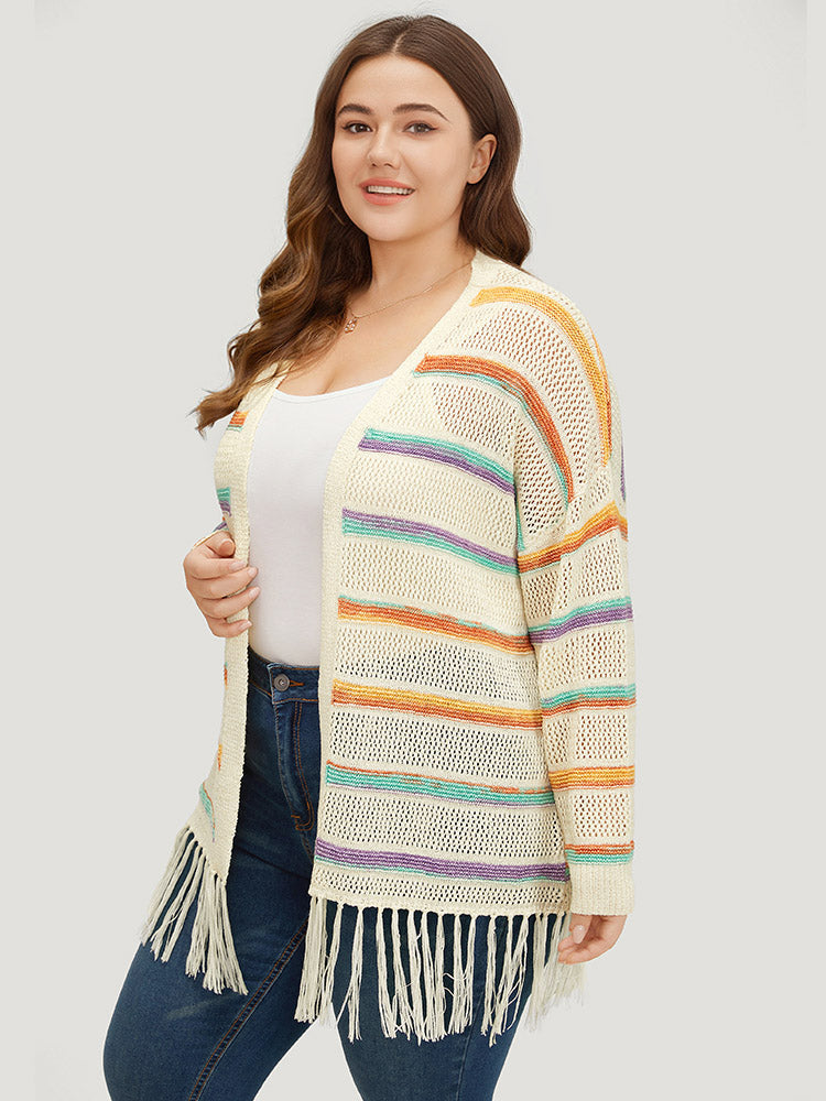 Rainbow Striped Fringe Trim Open Front Cardigan