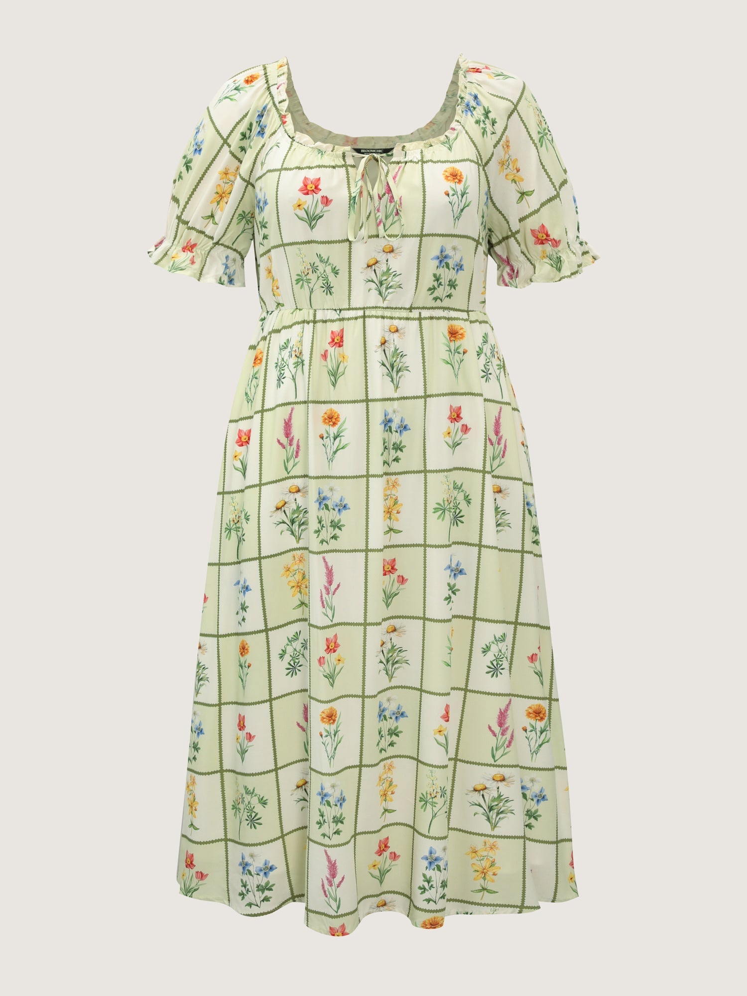 Floral Collage Print Ruffled Neckline Midi Dress