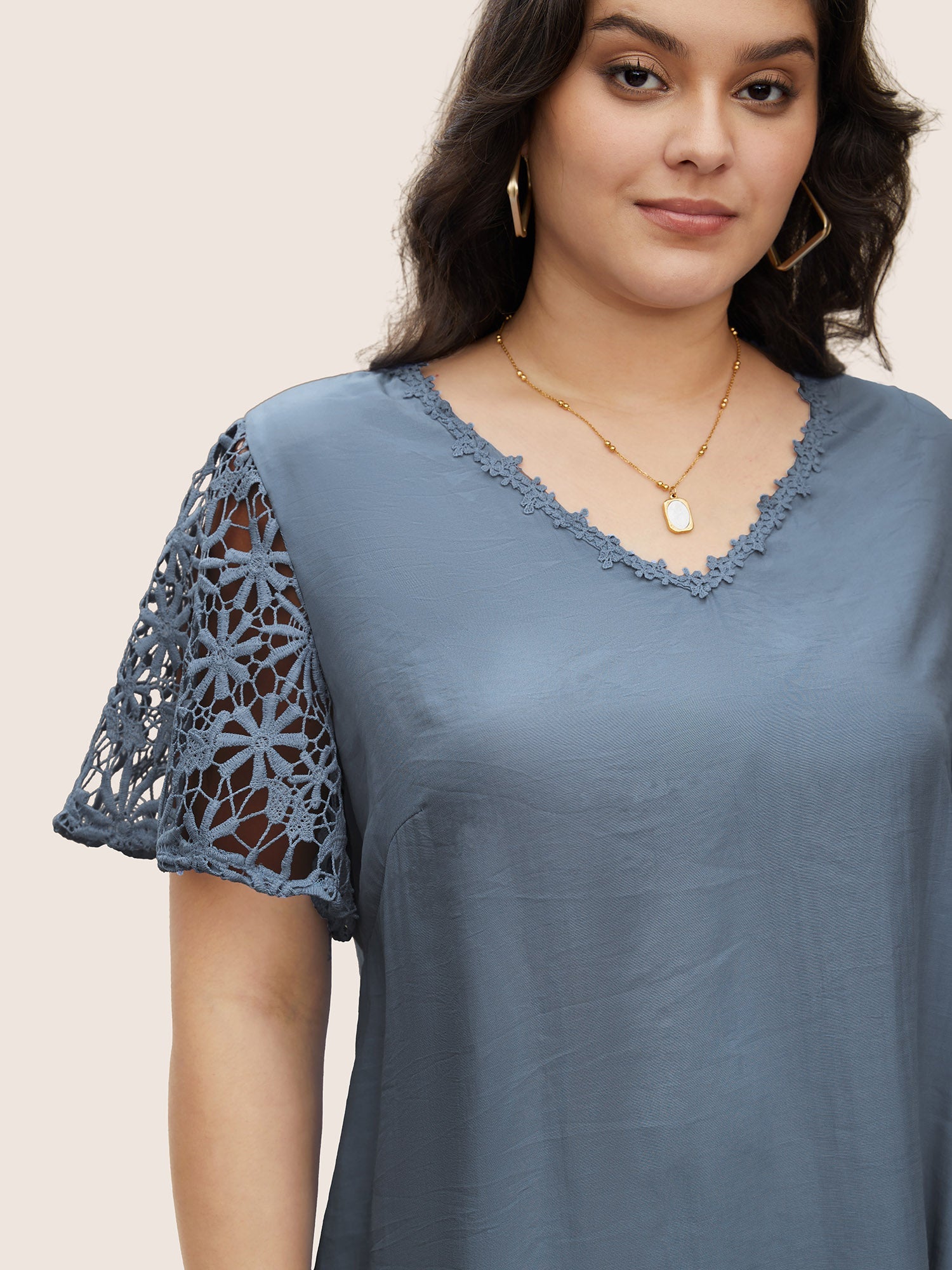 Plain V Neck Floral Patchwork Blouse