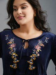 Floral Embroidered Velvet Tie Knot Blouse