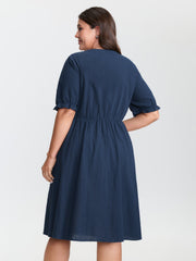 Cotton Floral Embroidery Notched Collar Mini Dress