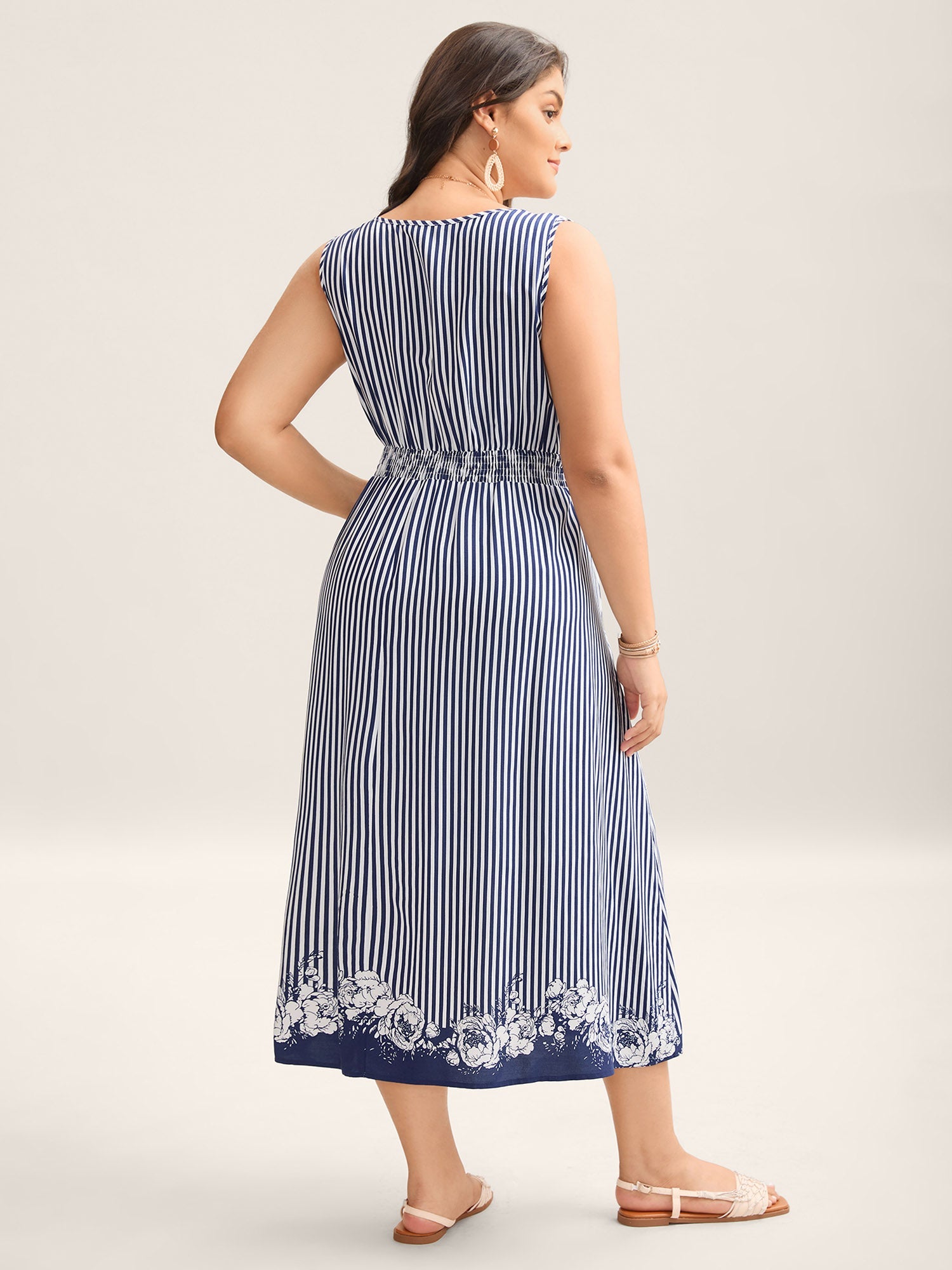 Stripes Cinched-Waist Floral Hem Midi Dress