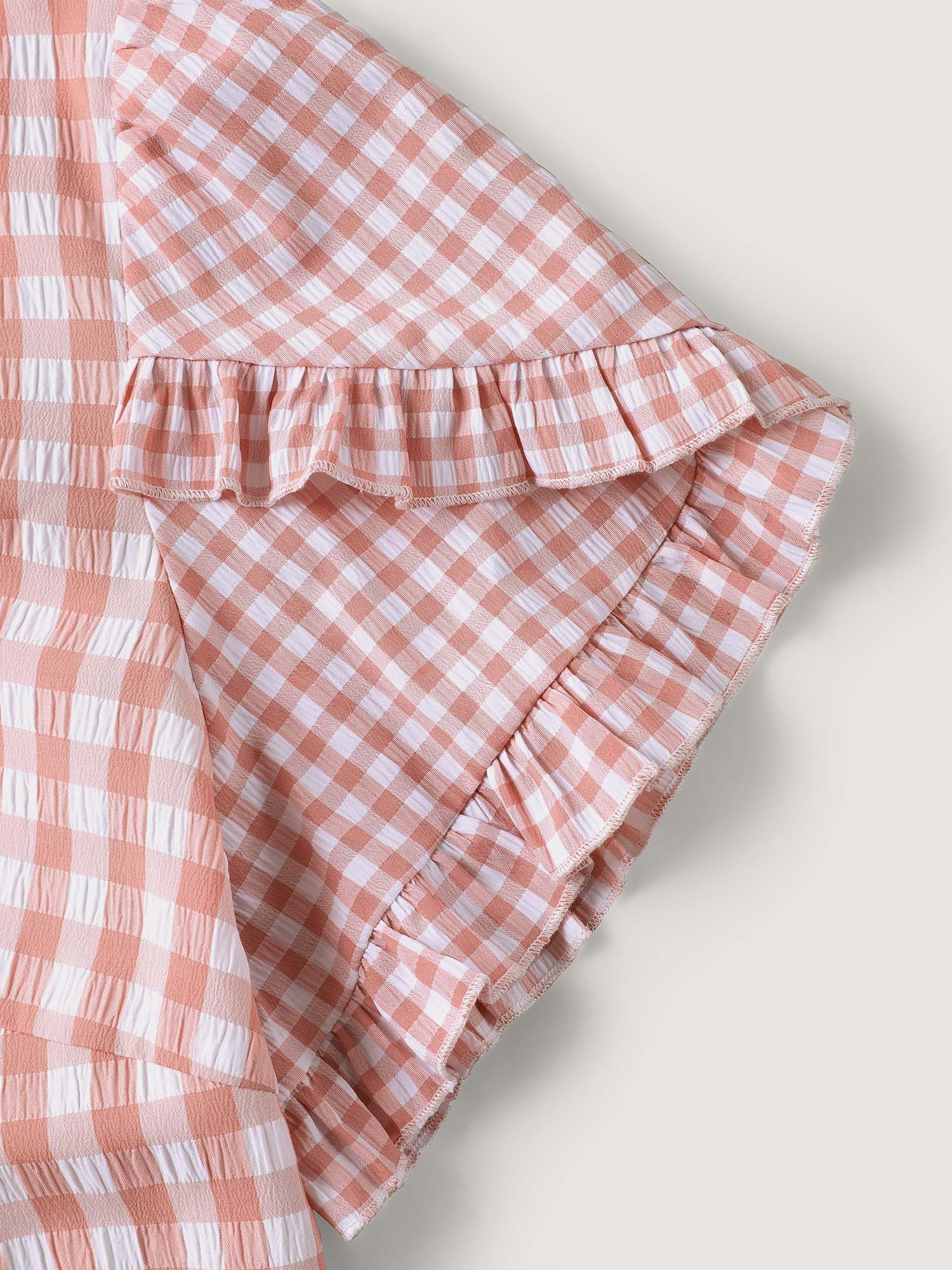 Sweet Gingham Wrinkled Petal Sleeve Blouse