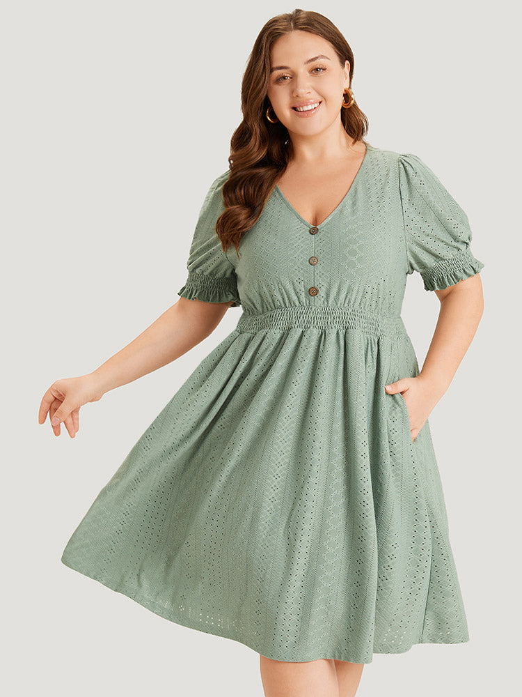 Geometric Eyelet Pocket Button Detail Shirred Dress